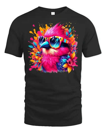Tropical Vibe Bird Tee with Colorful Sunglasses - black t-shirt on white background