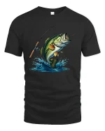 Jumping Bass Fishing T-Shirt - black t-shirt on white background