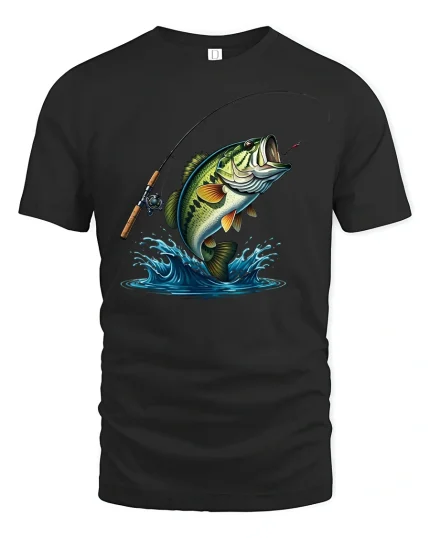Jumping Bass Fishing T-Shirt - black t-shirt on white background