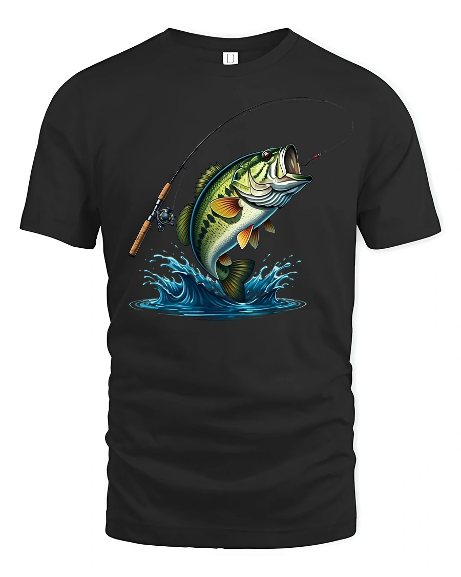 Jumping Bass Fishing T-Shirt - 1 Jumping Bass Fishing T-Shirt - black t-shirt on white background