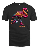 Colorful Skating Flamingo T-Shirt - black t-shirt on white background