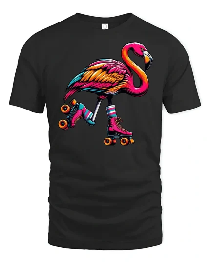 Colorful Skating Flamingo T-Shirt - black t-shirt on white background