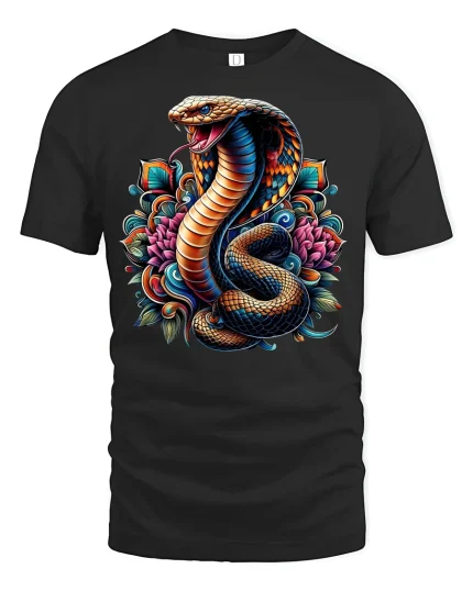 King Cobra Tee with Vibrant Lotus Artwork - black t-shirt on white background
