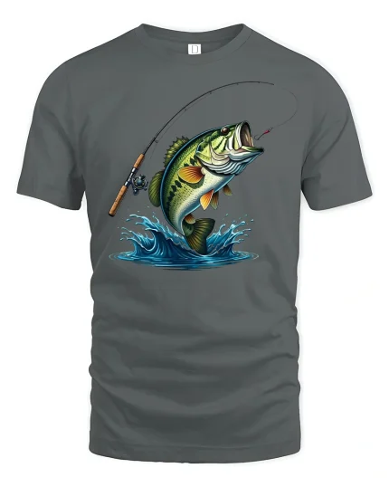 Jumping Bass Fishing T-Shirt - gray t-shirt on white background