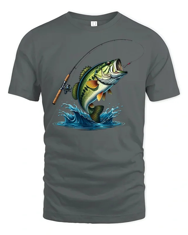 Jumping Bass Fishing T-Shirt - gray t-shirt on white background