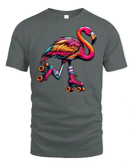 Colorful Skating Flamingo T-Shirt - gray t-shirt on white background