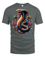 King Cobra Tee with Vibrant Lotus Artwork - gray t-shirt on white background