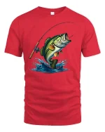 Jumping Bass Fishing T-Shirt - red t-shirt on white background