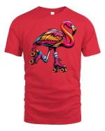 Colorful Skating Flamingo T-Shirt - red t-shirt on white background