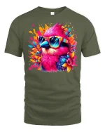 Tropical Vibe Bird Tee with Colorful Sunglasses - military green t-shirt on white background