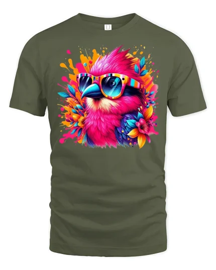 Tropical Vibe Bird Tee with Colorful Sunglasses - military green t-shirt on white background