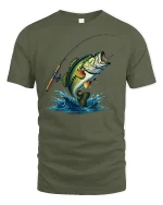 Jumping Bass Fishing T-Shirt - military green t-shirt on white background