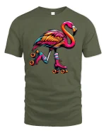 Colorful Skating Flamingo T-Shirt - military green t-shirt on white background