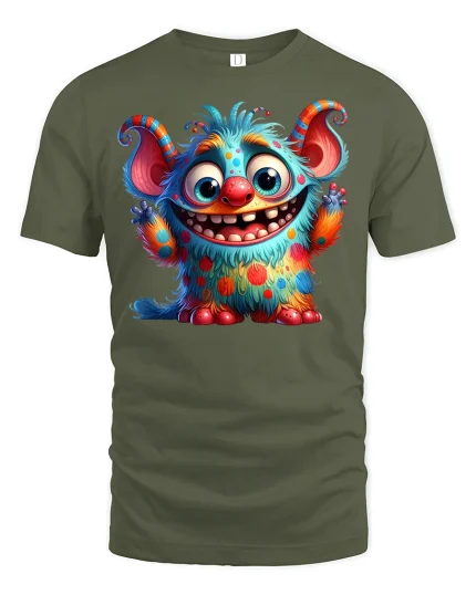 Cute Furry Monster T-Shirt - military green t-shirt on white background