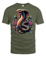 King Cobra Tee with Vibrant Lotus Artwork - military green t-shirt on white background