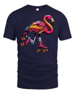 Colorful Skating Flamingo T-Shirt - navy t-shirt on white background