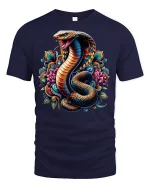 King Cobra Tee with Vibrant Lotus Artwork - navy t-shirt on white background
