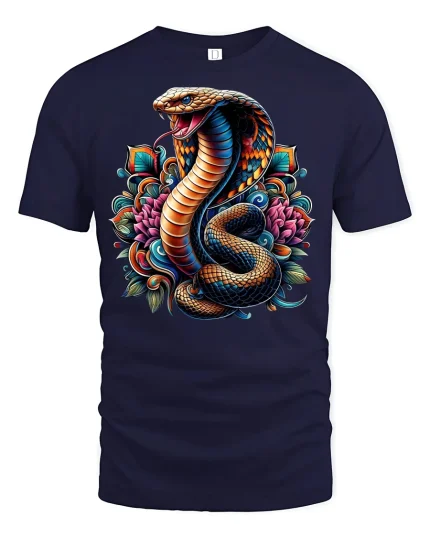 King Cobra Tee with Vibrant Lotus Artwork - navy t-shirt on white background