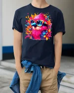 Tropical Vibe Bird Tee with Colorful Sunglasses - model wearing Navy T-shirt, hands in pockets, denim shirt at waist