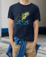 Jumping Bass Fishing T-Shirt - model wearing Navy T-shirt, hands in pockets, denim shirt at waist