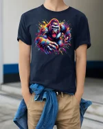 Powerful Gorilla Tee - model wearing Navy T-shirt, hands in pockets, denim shirt at waist