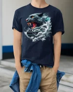 Wild Panther and Pickup Tee - model wearing Navy T-shirt, hands in pockets, denim shirt at waist