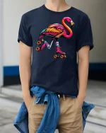 Colorful Skating Flamingo T-Shirt - model wearing Navy T-shirt, hands in pockets, denim shirt at waist