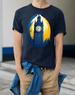 Big Ben Tee with Bold London Landmark - model wearing Navy T-shirt, hands in pockets, denim shirt at waist