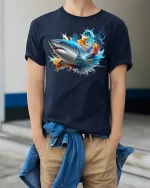 Epic Shark Splash Tee - model wearing Navy T-shirt, hands in pockets, denim shirt at waist