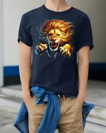Powerful Lion Graphic T-Shirt - model wearing Navy T-shirt, hands in pockets, denim shirt at waist