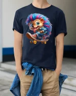 Cool Skater Hedgehog Tee - model wearing Navy T-shirt, hands in pockets, denim shirt at waist