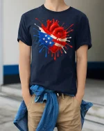 American Pride Heart Tee - model wearing Navy T-shirt, hands in pockets, denim shirt at waist