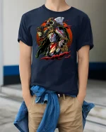 Fierce Viking Warrior Tee - model wearing Navy T-shirt, hands in pockets, denim shirt at waist