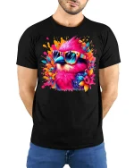 Tropical Vibe Bird Tee with Colorful Sunglasses - model with hands behind back, wearing Black T-shirt and blue jeans
