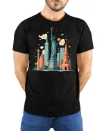 Statue of Liberty and Cityscape Tee - model with hands behind back, wearing Black T-shirt and blue jeans