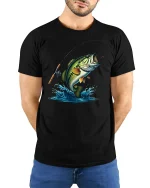 Jumping Bass Fishing T-Shirt - model with hands behind back, wearing Black T-shirt and blue jeans