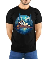 Sydney Opera House Tee - model with hands behind back, wearing Black T-shirt and blue jeans