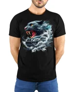Wild Panther and Pickup Tee - model with hands behind back, wearing Black T-shirt and blue jeans