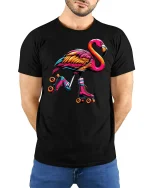 Colorful Skating Flamingo T-Shirt - model with hands behind back, wearing Black T-shirt and blue jeans