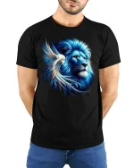 Blue Lion and Angel Tee - model with hands behind back, wearing Black T-shirt and blue jeans