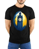 Big Ben Tee with Bold London Landmark - model with hands behind back, wearing Black T-shirt and blue jeans