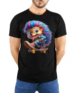 Cool Skater Hedgehog Tee - model with hands behind back, wearing Black T-shirt and blue jeans
