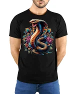 King Cobra Tee with Vibrant Lotus Artwork - model with hands behind back, wearing Black T-shirt and blue jeans