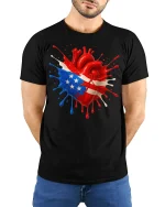 American Pride Heart Tee - model with hands behind back, wearing Black T-shirt and blue jeans