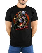 Fierce Viking Warrior Tee - model with hands behind back, wearing Black T-shirt and blue jeans
