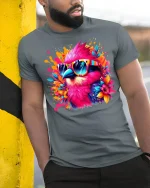 Tropical Vibe Bird Tee with Colorful Sunglasses - model leaning on yellow-black pole, wearing Gray T-shirt, hand in pocket