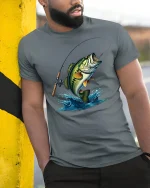 Jumping Bass Fishing T-Shirt - model leaning on yellow-black pole, wearing Gray T-shirt, hand in pocket