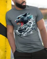 Wild Panther and Pickup Tee - model leaning on yellow-black pole, wearing Gray T-shirt, hand in pocket