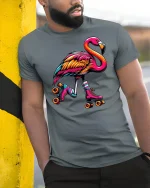 Colorful Skating Flamingo T-Shirt - model leaning on yellow-black pole, wearing Gray T-shirt, hand in pocket