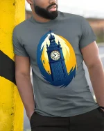 Big Ben Tee with Bold London Landmark - model leaning on yellow-black pole, wearing Gray T-shirt, hand in pocket